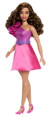 Mattel Panenka Barbie Fashionistas modelka #225, hnědé vlasy, šaty s volánkem, doplňky, 65. výročí FBR37
