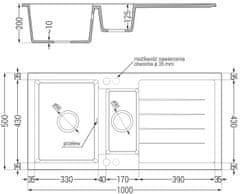 Mexen Andres, 1,5-komorový granitový drez 1000x500x200 mm a drezová batéria Savita, čierna, 6515-77-672601-50-B