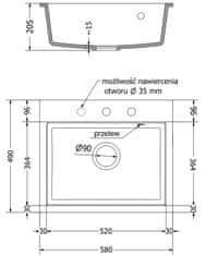 Mexen Oscar, 1-komorový granitový drez 580x490x205 mm, čierna-zlatá metalíza, 6519581000-75-B