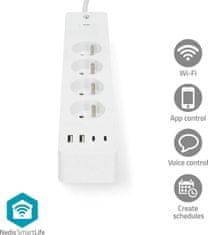 Nedis Wi-Fi chytrý prodlužovací přívod/ 3x zásuvka typu E/ 16A/ 2x USB-A/ 2x USB-C/ 2m/ Android/ iOS/ bílá