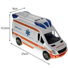 Kruzzel Ambulancia s otváracími dverami, zvukový a svetelný alarm, skladacie nosidlá, biela/oranžová/modrá, plast + kov, 25x12,5x9 cm