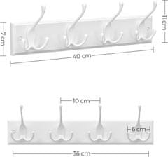 Songmics Nástenný vešiak biely, trojité háčiky 11 x 40 x 7 cm