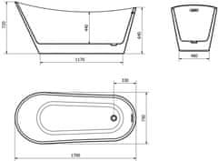 Mexen Alta, voľne stojaca vaňa 170 x 75 cm + čierna odtoková zátka a prepadový otvor, čierna - biela, 52141707575-B