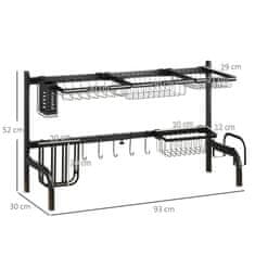 HOMCOM Odkvapkávač Riadu 2-Poschodový Odkvapkávač Riadu, Odkvapkávač Riadu S Háčikmi, Odkvapkávač, Oceľ, Čierny, 51-93Cm 