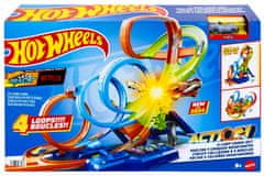 Hot Wheels Dráha se čtyřmi smyčkami, angličák v měřítku 1:64, motorizovaný zrychlovač HXR70