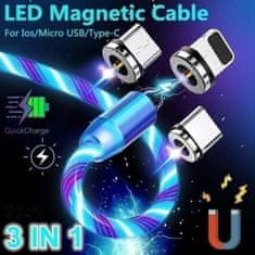 Bomba LED svietiaci magnetický USB kábel 3v1 pre iPhone/Android 1M Multi - farebný