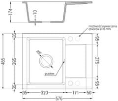 Mexen Enzo, granitový drez 576x465x174 mm, 1-komorový, zlatá batéria Rita, čierna, 6506-77-670300-50-B