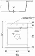 Mexen Vito, granitový drez 490x520x210 mm, 1-komorový a drezová batéria Carla, šedá, 6503-71-670700-00