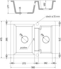 Mexen Mexen Carlos 1,5-miskový granitový drez 582 x 475 mm, melír čierny, čierny sifón - 6518581500-76-B - MEXEN