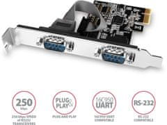 AXAGON AXAGON PCEA-S2N, PCIe řadič - 2x sériový port (RS232) 250 kbps, vč. LP