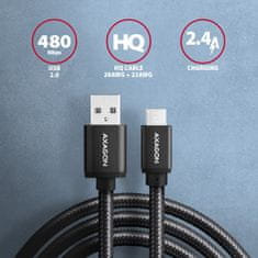 AXAGON AXAGON kabel USB-A - micro USB2.0 HQ, 2.4A, opletený, 1m, černá