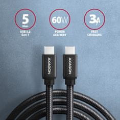 AXAGON AXAGON kabel USB-C - USB-C SPEED USB3.2 Gen 1, PD60W 3A, opletený, 3m, černá