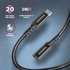 AXAGON AXAGON kabel prodlužovací USB-C(M) - USB-C(F), USB 20Gbps, PD 240W 5A, 8K HD, ALU, oplet, 1m, černá