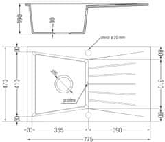 Mexen Cesar, 1-komorový granitový drez 775x470x190 mm a drezová batéria Carla, šedá, 6514-71-670700-70-B