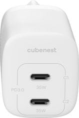 CubeNest Cubenest síťová nabíječka S2D1, PD, 35W, 2x USB-C, bílá