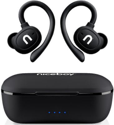  Bluetooth sluchátka niceboy hive airsport 3 pro handsfree mikrofon skvělý zvuk dlouhá výdrž na nabití nabíjecí box lehká konstrukce 