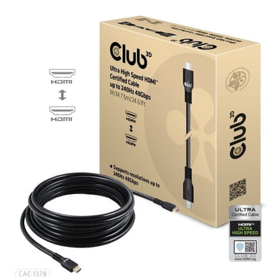 Club 3D Kabel HDMI, Ultra Rychlý HDMI Certifikovaný Cable, 4K120Hz/ 8K60Hz, 7.5m