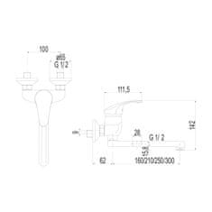 Mereo Mereo, Drezová nástenná batéria, Sonáta, s ramienkom plochým rovným 210 mm, chróm, MER-CB302AN