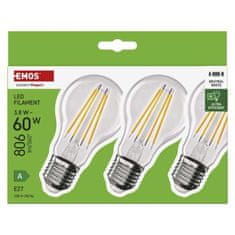 EMOS LED žiarovka Filament A60 A CLASS/ E27 / 3,8 W (60 W) / 806 lm / neutrálna biela