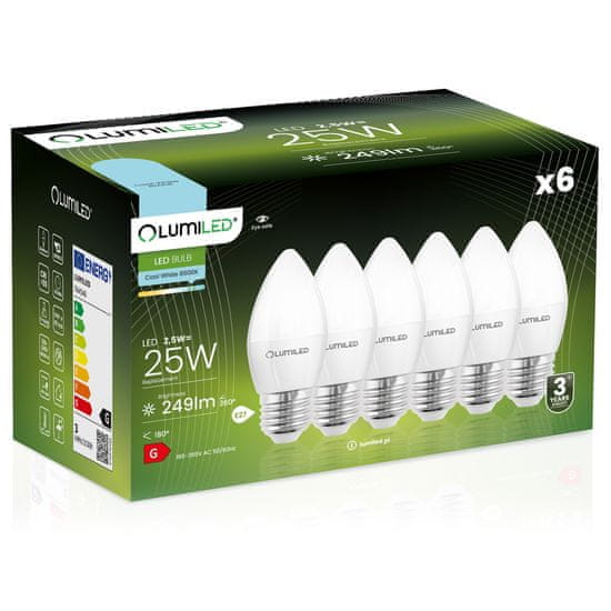 LUMILED 6x LED žiarovka E27 B35 2,5W = 25W 249lm 6500K Studená biela 180°