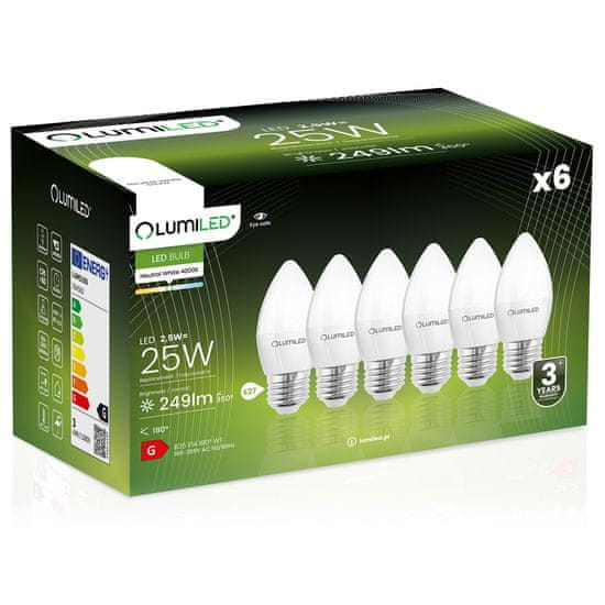 LUMILED 6x LED žiarovka E27 B35 2,5W = 25W 249lm 4000K Neutrálna biela 180°