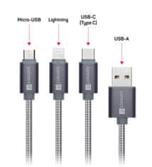 Connect IT Wirez 3in1 USB-C & Micro USB & Lightning, strieborný, 1,2 m