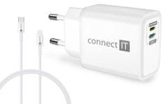 Connect IT Adaptér DUPLEX nabíjací 1xLightning + 1×USB-C, 20W, kábel 27W, biely