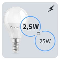 LUMILED 6x LED žiarovka E14 P40 2,5W = 25W 249lm 3000K Teplá biela 180°