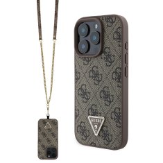 Guess Originálny zadný kryt PU 4G Strass Triangle Metal Logo Back Cover + Crossbody Strap pre iPhone 16 Pro Brown