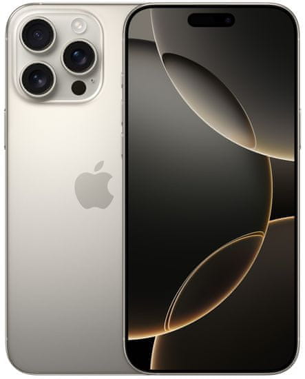 Apple iPhone 16 Pro Max, supervýkonný procesor, strojové učení, A18 Pro, velký displej, trojitý zadní ultraširokoúhlý fotoaparát, přední fotoaparát, 48 Mpx, 12 Mpx, IP68, voděodolný, Face ID, Dolby Atmos