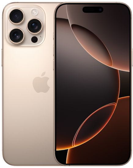 Apple iPhone 16 Pro Max, supervýkonný procesor, strojové učení, A18 Pro, velký displej, trojitý zadní ultraširokoúhlý fotoaparát, přední fotoaparát, 48 Mpx, 12 Mpx, IP68, voděodolný, Face ID, Dolby Atmos