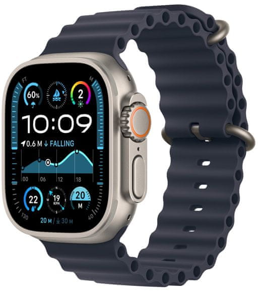 Inteligentné hodinky Apple Watch Ultra 2 GPS + Cellular, 49 mm, Retina displej stále zapnutý EKG monitorovanie tepu srdcovej činnosti streaming hudby volania notifikácie NFC platby Apple Pay hluk App Store Senzor na snímanie okysličenia krvi meranie fyzickej kondície VO2 max siréna ovulácia titánové puzdro 100 metrov vodeodolné MIL-STD 810H EN13319 ovládanie dvojitým poklepom