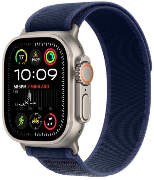 Chytré hodinky Apple Watch Ultra 2 GPS + Cellular, 49mm, Retina displej stále zapnutý EKG monitorování tepu srdeční činnosti streaming hudby volání notifikace NFC platby Apple Pay hluk App Store Senzor pro snímání okysličení krve měření fyzické kondice VO2 max siréna ovulace titanové pouzdro 100 metrů voděodolné MIL-STD 810H EN13319 ovládání dvojitým poklepem