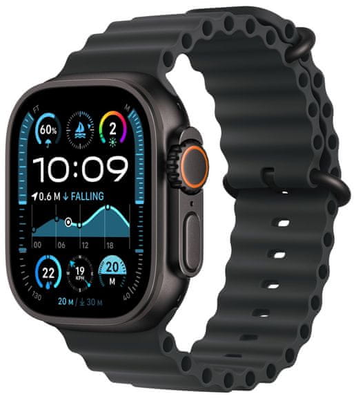 Inteligentné hodinky Apple Watch Ultra 2 GPS + Cellular, 49 mm, Retina displej stále zapnutý EKG monitorovanie tepu srdcovej činnosti streaming hudby volania notifikácie NFC platby Apple Pay hluk App Store Senzor na snímanie okysličenia krvi meranie fyzickej kondície VO2 max siréna ovulácia titánové puzdro 100 metrov vodeodolné MIL-STD 810H EN13319 ovládanie dvojitým poklepom