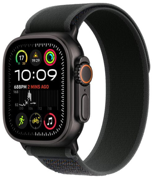 Inteligentné hodinky Apple Watch Ultra 2 GPS + Cellular, 49 mm, Retina displej stále zapnutý EKG monitorovanie tepu srdcovej činnosti streaming hudby volania notifikácie NFC platby Apple Pay hluk App Store Senzor na snímanie okysličenia krvi meranie fyzickej kondície VO2 max siréna ovulácia titánové puzdro 100 metrov vodeodolné MIL-STD 810H EN13319 ovládanie dvojitým poklepom