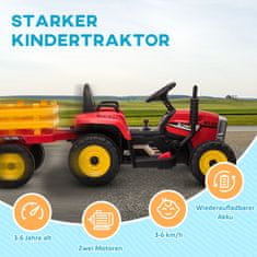 HOMCOM Electric Tractor Detské Elektrické Autíčko S Prívesom, Diaľkové Ovládanie, Mp3, Svetlomet, 3-6Km/H, Červená 