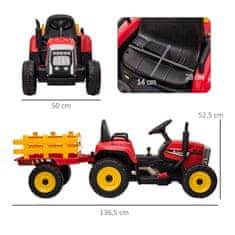 HOMCOM Electric Tractor Detské Elektrické Autíčko S Prívesom, Diaľkové Ovládanie, Mp3, Svetlomet, 3-6Km/H, Červená 