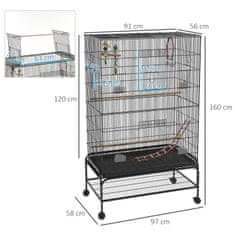 PAWHUT Bird Cage Vtáčia Voliéra S Bidielkami Stavačka Pre Vtáky S Policou, Kolieskami, Odnímateľným Podnosom, Voliéra S Dverami, Čierna 