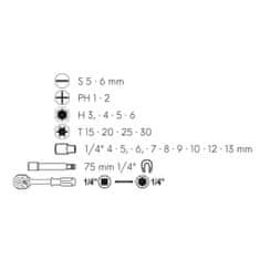Levior račňa obojstranná, bity a adaptéry 1/4" 23ks sada