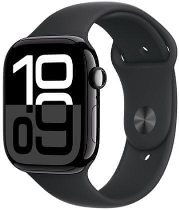 Chytré hodinky Apple Watch Series 10 gps Apple Pay Retina displej voděodolnost WR50 pro plavání detekce autonehody nové funkce fáze spánku SOS volání krytí proti prachu akcelerometr GPS stále zapnutý EKG monitorování tepu srdeční činnosti volání notifikace NFC platby Apple Pay hluk App Store Senzor pro snímání okysličení krve měření fyzické kondice VO2 max ovládání dvojitým poklepáním