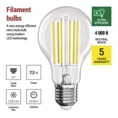 EMOS LED žiarovka Filament A60 A CLASS / E27 / 7,2 W (100 W) / 1521 lm / neutrálna biela