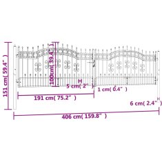 Vidaxl Plotová brána s hrotmi čierna 406x151 cm práškovaná oceľ