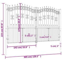 Vidaxl Plotová brána s hrotmi čierna 305x223 cm práškovaná oceľ