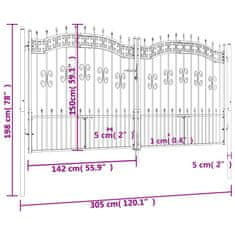 Vidaxl Plotová brána s hrotmi čierna 305x198 cm práškovaná oceľ