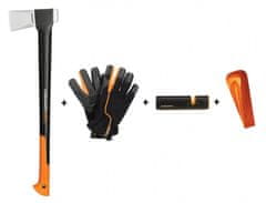 FISKARS Set sekera X32 + klin + ostrič + rukavice 4ks