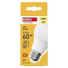 EMOS LED žiarovka Basic A60 / E27 / 9,4 W (60 W) / 806 lm / Teplá biela