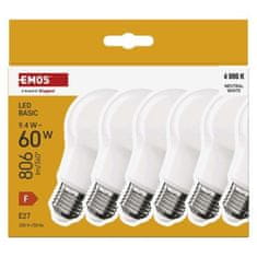 EMOS LED žiarovka Basic A60 / E27 / 9,4 W (60 W) / 806 lm / Neutrálna biela