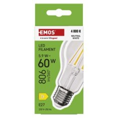 EMOS LED žiarovka Filament A60 / E27 / 5,9 W (60 W) / 806 lm / Neutrálna biela