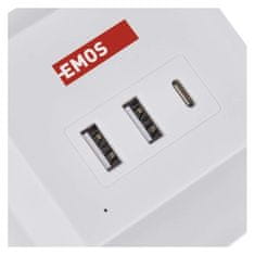 EMOS Predlžovací kábel - kocka 2 m / 2 zásuvky / biely / 2×USB-A + 1×USB-C+Qi / 1,5 mm2