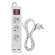 EMOS Predlžovací kábel 2 m / 3 zásuvky / s vypínačom / biely / 1×USB-A + 1×USB-C / 1,5 mm2